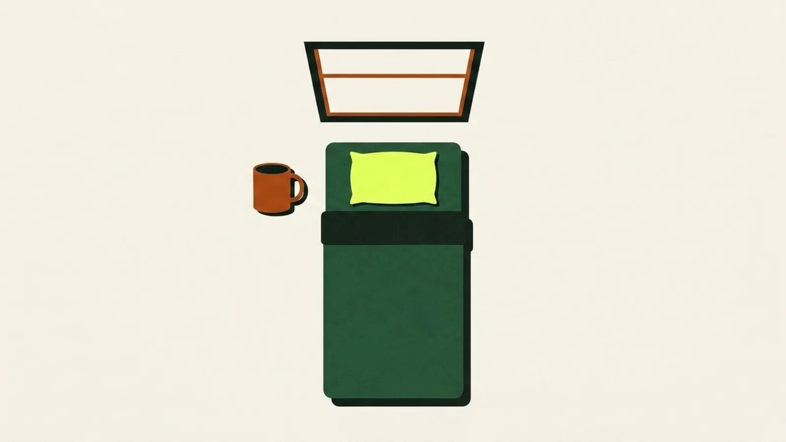 A cut-paper illustration seen from above: a single bed with a plain duvet and one pillow, a mug on the floor beside it, and an outlined window frame.
